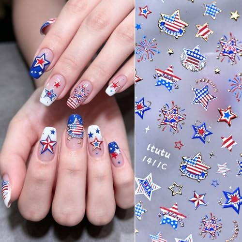 4th of July Nail Stickers Metallic Gold Star Decals – Red White – Color A43