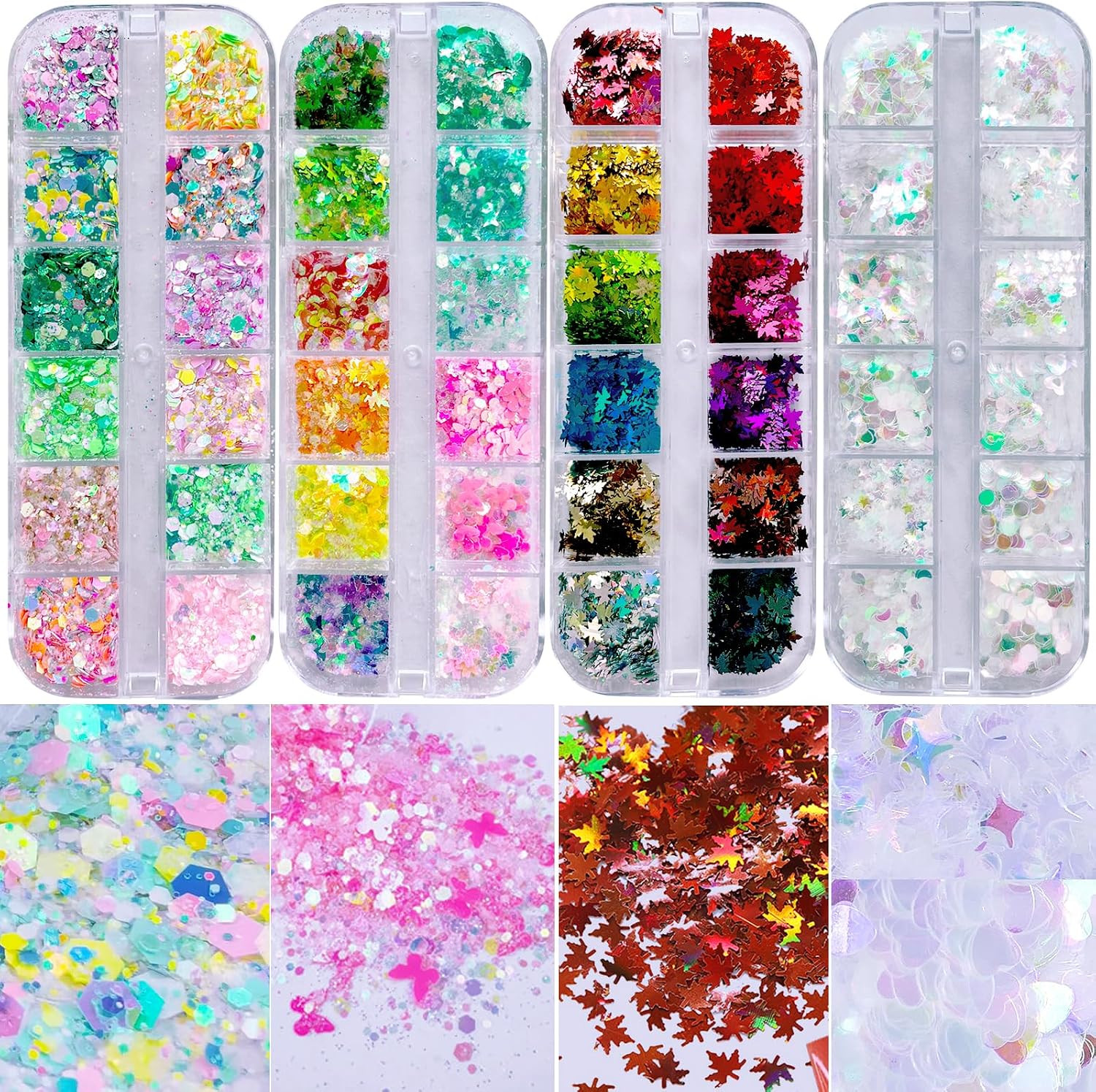 4 Boxes Nail Glitter Holographic Maple Chunky Glitter Flakes Mixed Shaped Flower