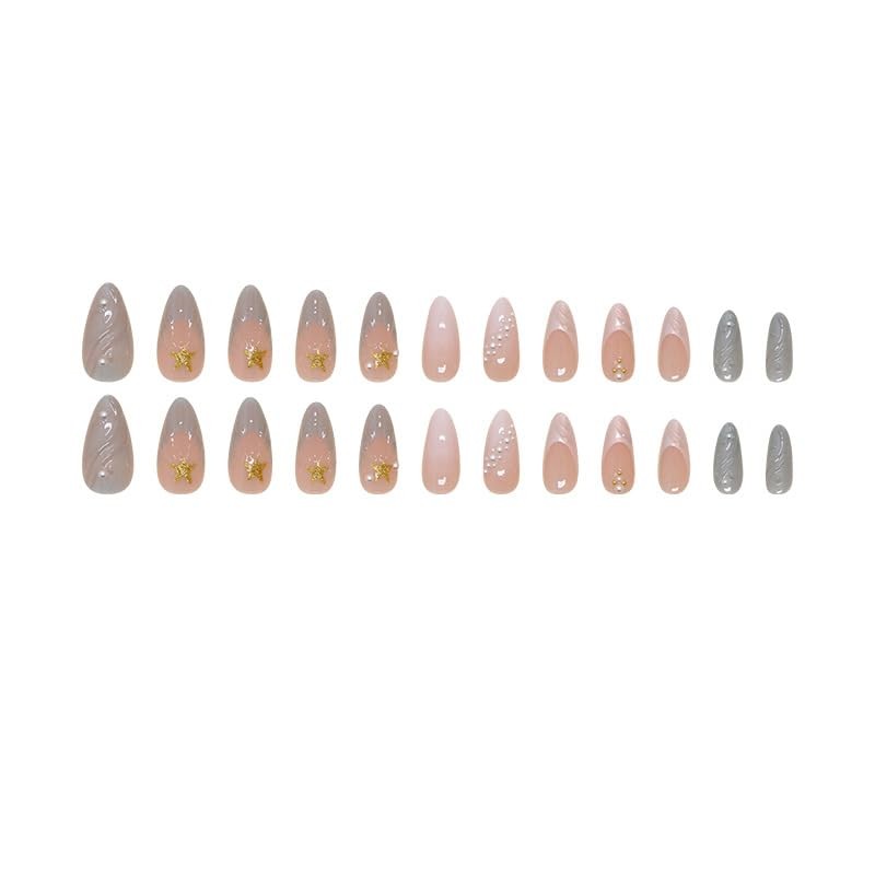 24Pcs Ocean Shell Press on Nails Medium Almond Fake Nails with 3D Star Pearl …