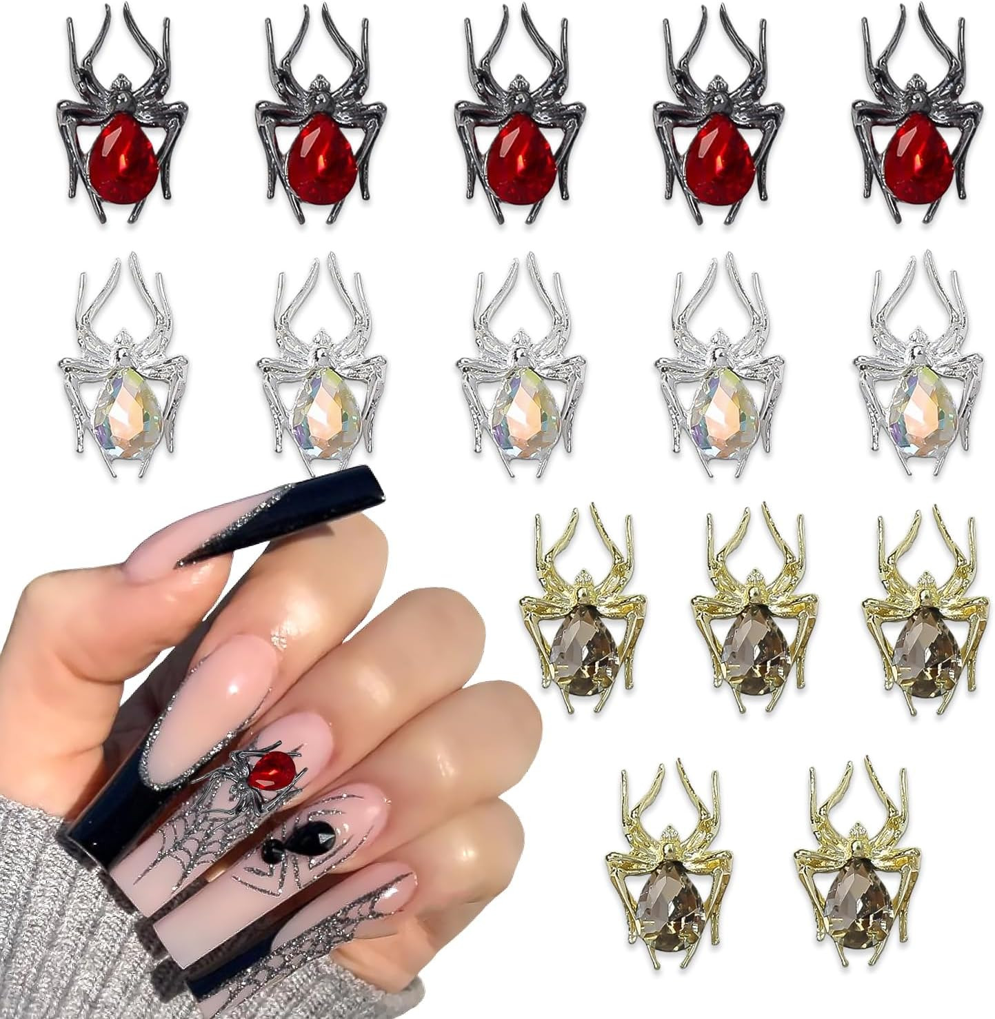 15Pcs Halloween Nail Charms Metal Spider Rhinestone Alloy Gems for Acrylic Nails