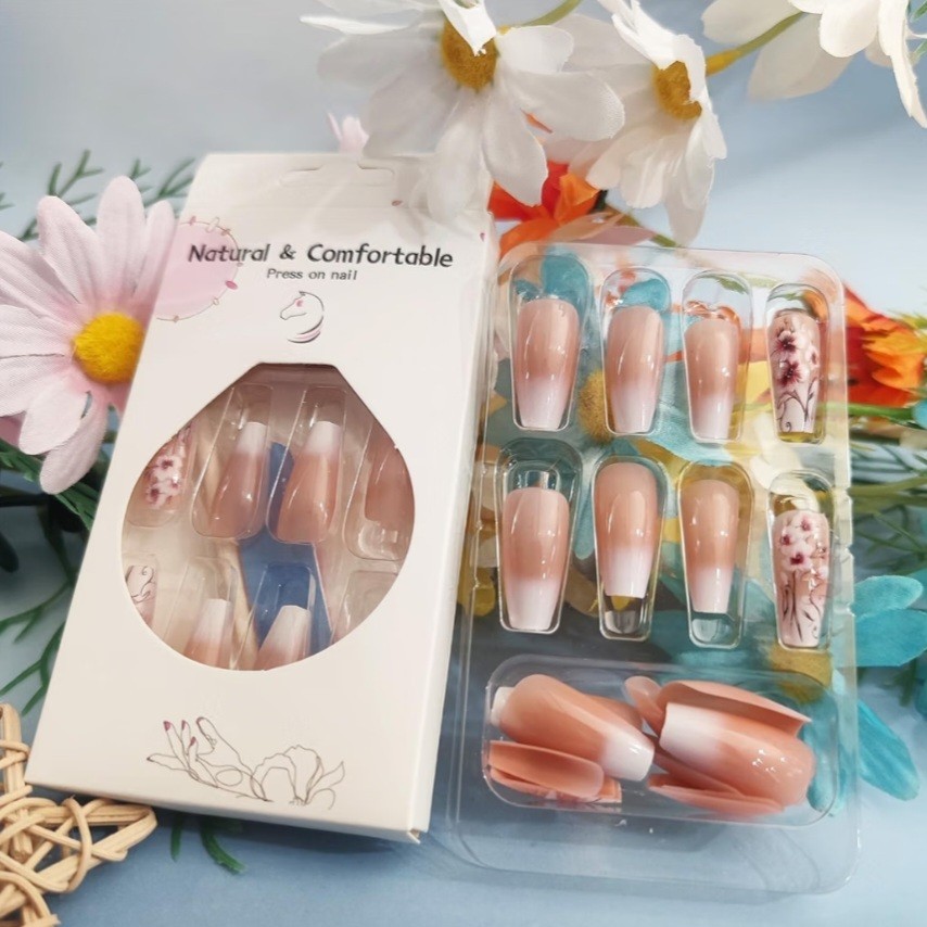 2 Pack Of 24 PCS French Floral Press-On Nails – Gradient Coffin Romantic Design