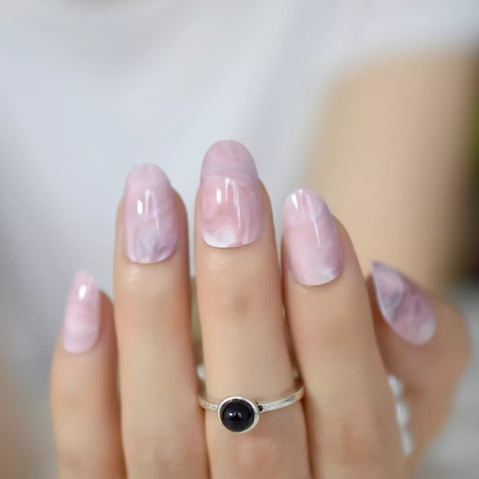 24 Rose Quartz Press On Nails Glue On Kit Pink Marble Almond oval short medium