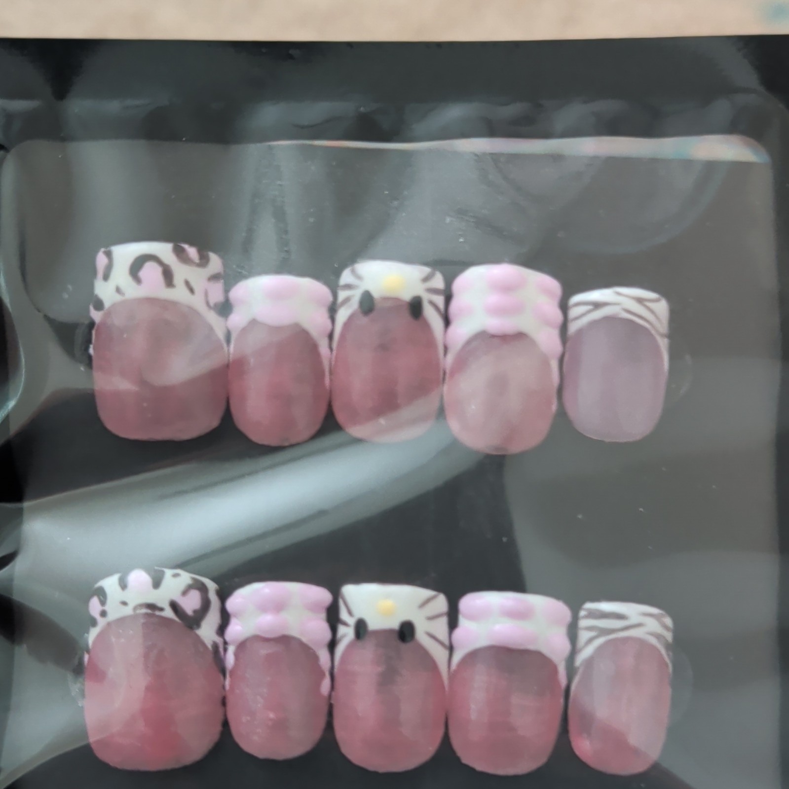 10 Piece Short Square Press-On Nails, Pink White Black 3D Shiny Animal, Handmade