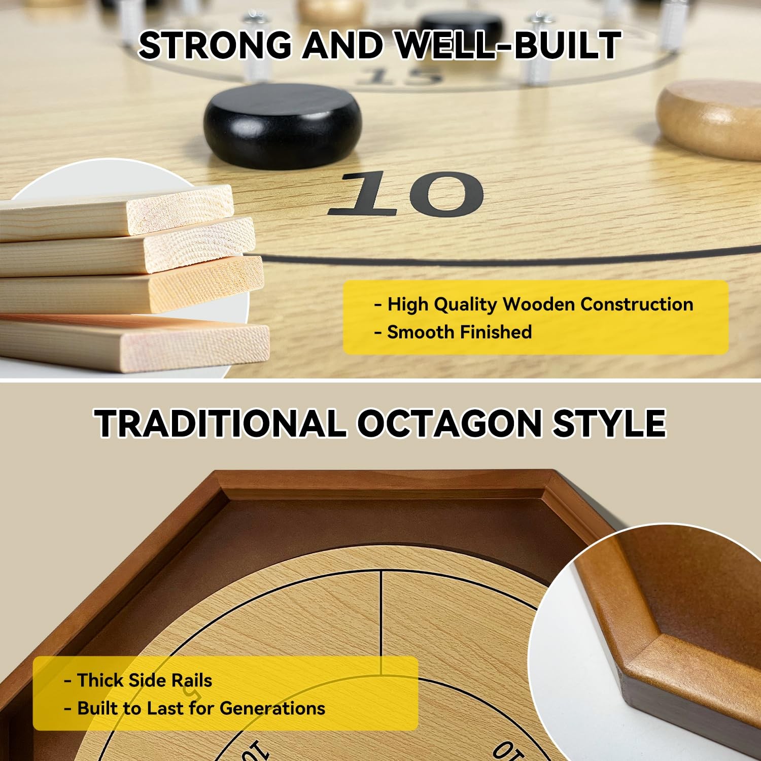 30 Inch Tournament Crokinole Board Game, 2 in 1 30 inches, Yellow