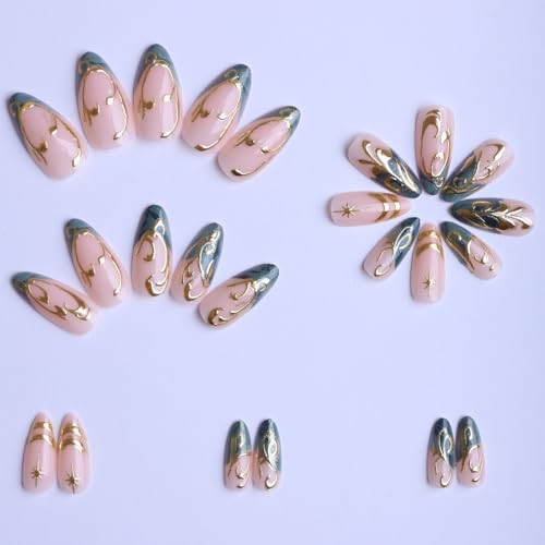 Almond Press on Nails Medium Fake Silver Green False Nail French Green Silver