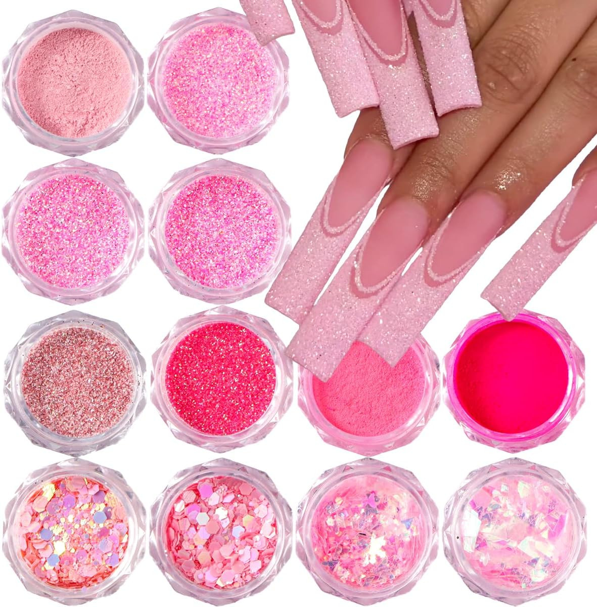 Pink Nail Glitter Powder, 12Pcs Nail Art Sequins Dust Set | Holographic Paillett