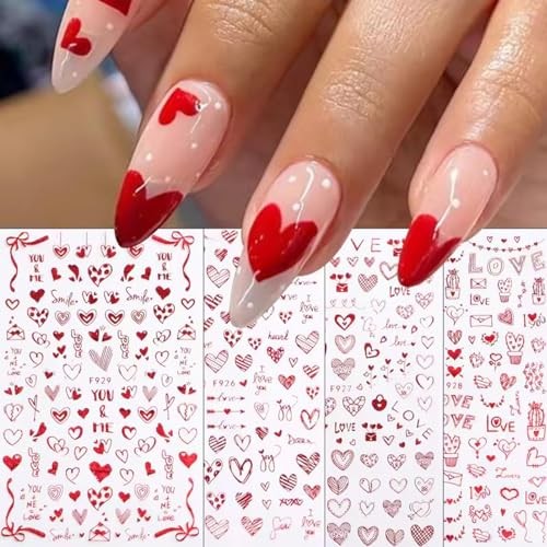 4Pcs Red Valentine’s Day Nail Art Stickers – Love Heart Nail Decals, 3D Self