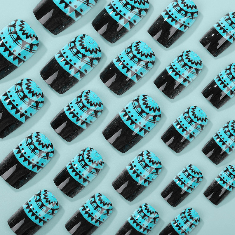 48 Pcs Green Black Lace Press on Nails, Short Square Glossy Stylish Fake Nails