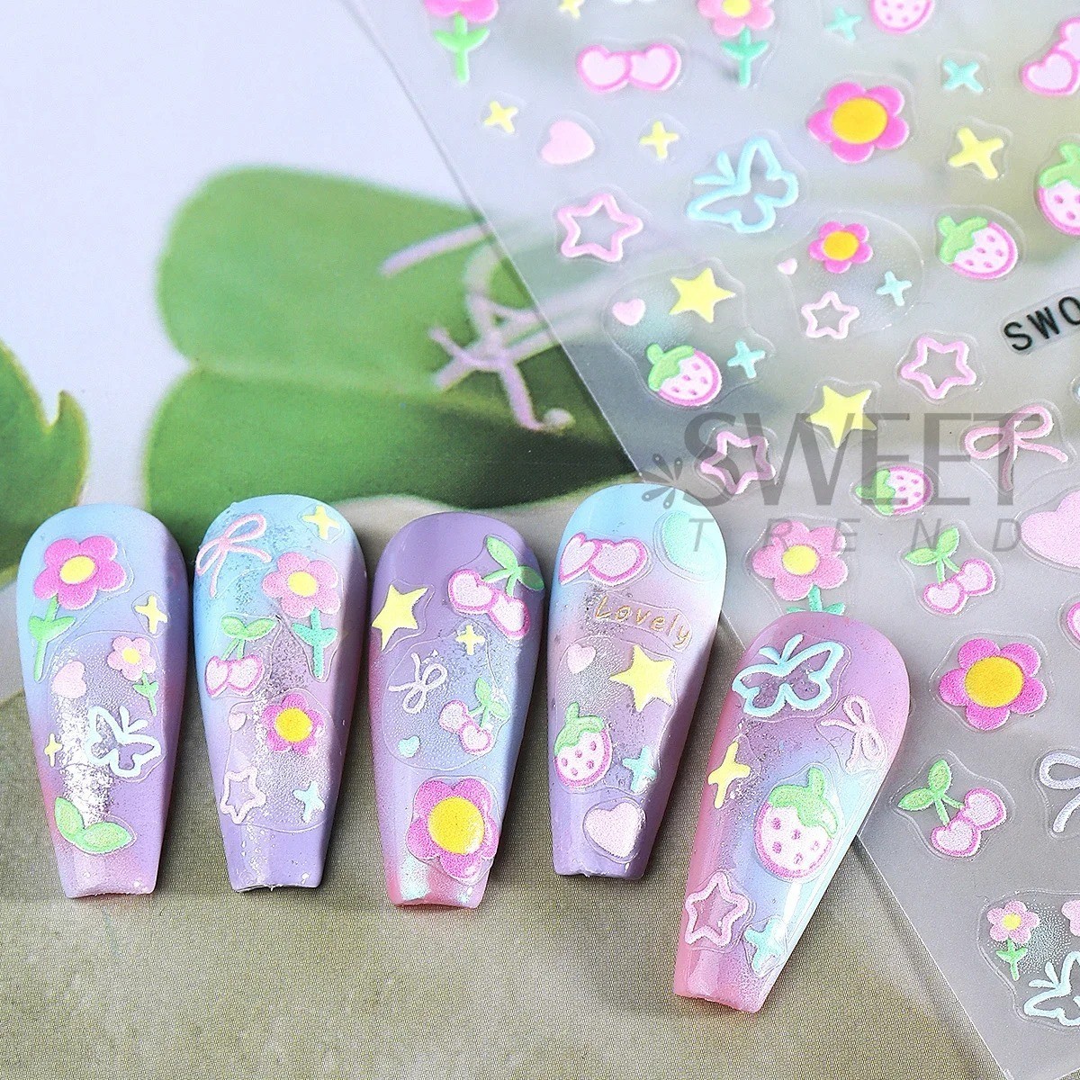 2PCS Sweet Element Nail Art Stickers Simple Flower Heart Cherry Strawberry Kawai