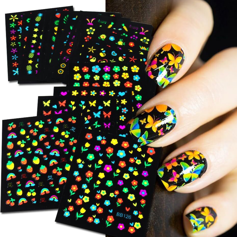 24Sheets Glow in Dark Flower Nail Art Sticker Decals 3D Fluorescence flower-7