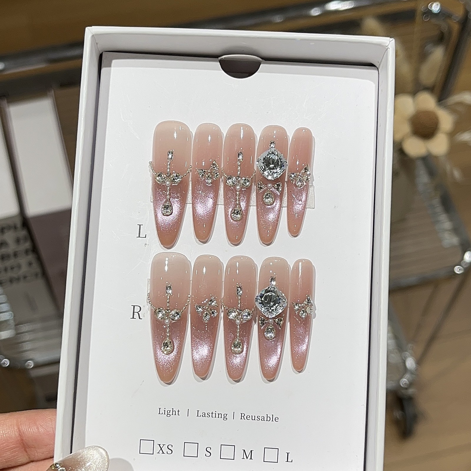 10Pcs Handmade Pink Cat Eye Long Pointed Nails French Pearl Rhinestone Design