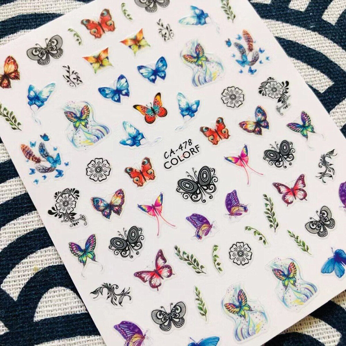 Nail art 3D stickers decal blue lilac pink purple red black butterflies CA478