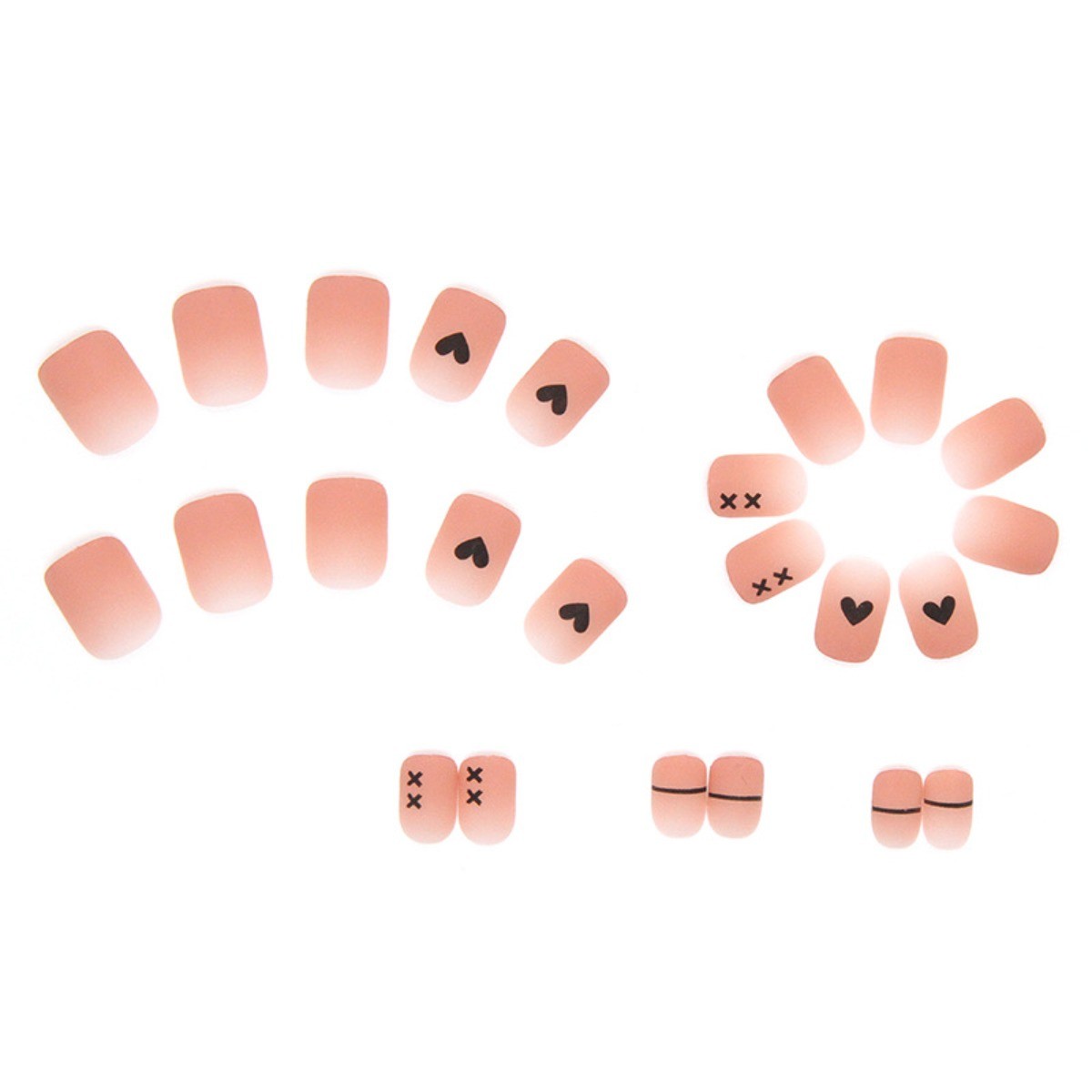 48pcs Short Round Press on Nails, Clear Nude Simple Black Heart Line Nails