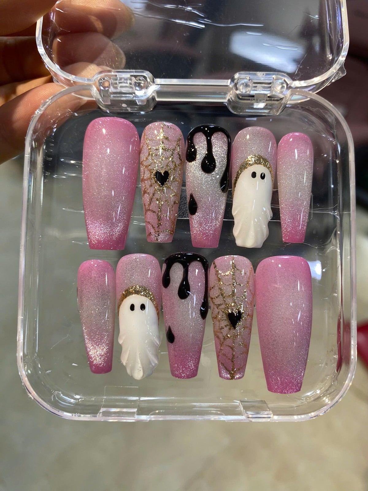 Custom Handmade Halloween Pink Cat Eye Ghost Spider Web Drip Press on Nail