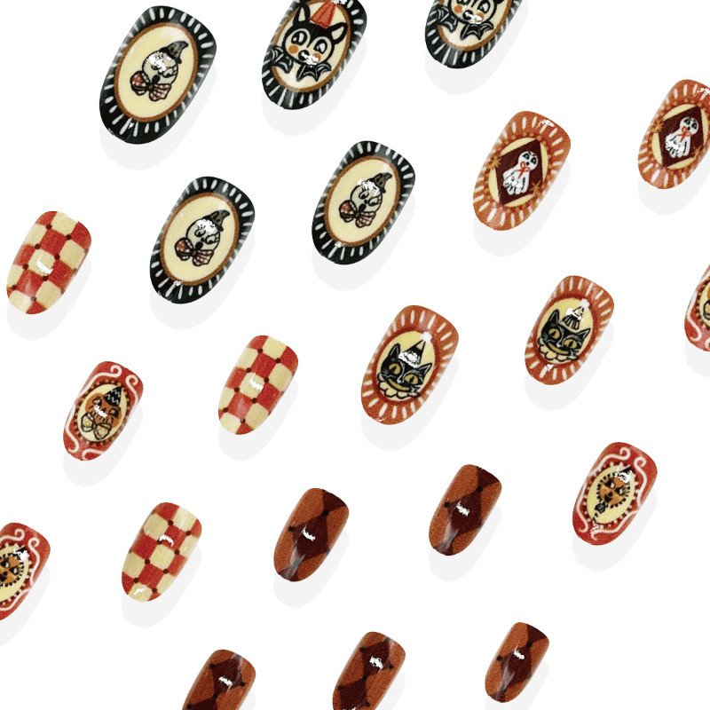 48 Pcs Pumpkin Cat Plaid Oval Press on Nails, Vintage Fall Holiday Fake Nails