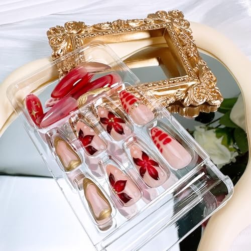 24 Pcs Red Flower Press on Nails Medium Almond Fake Nails with 3D Red Flower-7