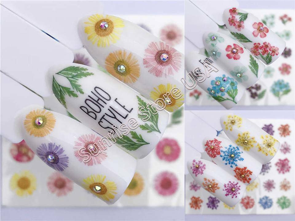 Nail Art Water Transfer Sticker Multi Color Flower Leaves Floral Daisy Manicure