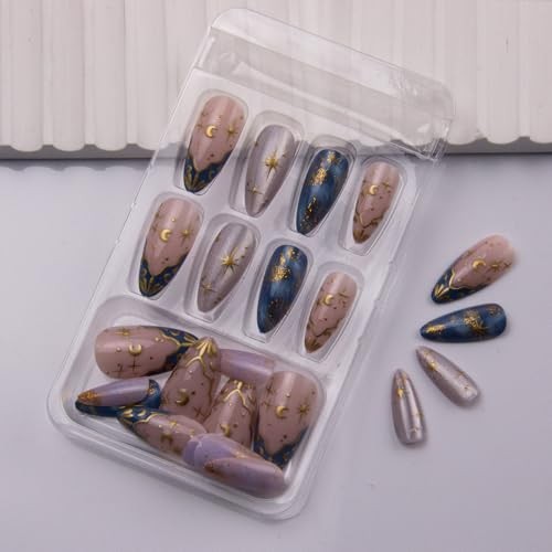 Short Almond Fake Nails – Gold Star Moon Sun Acrylic – Style 7
