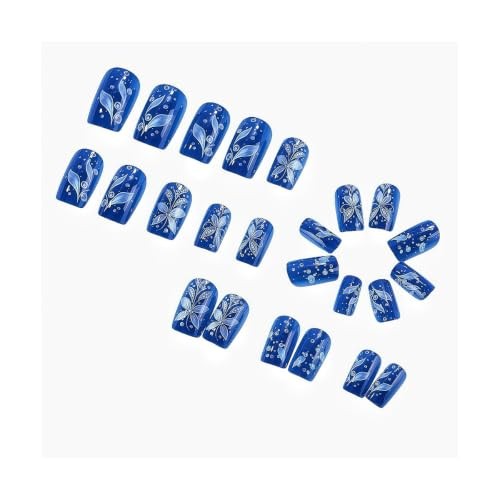 Royal Blue Square Press On Nails – Silver Metallic Floral Fake – Silver Metallic