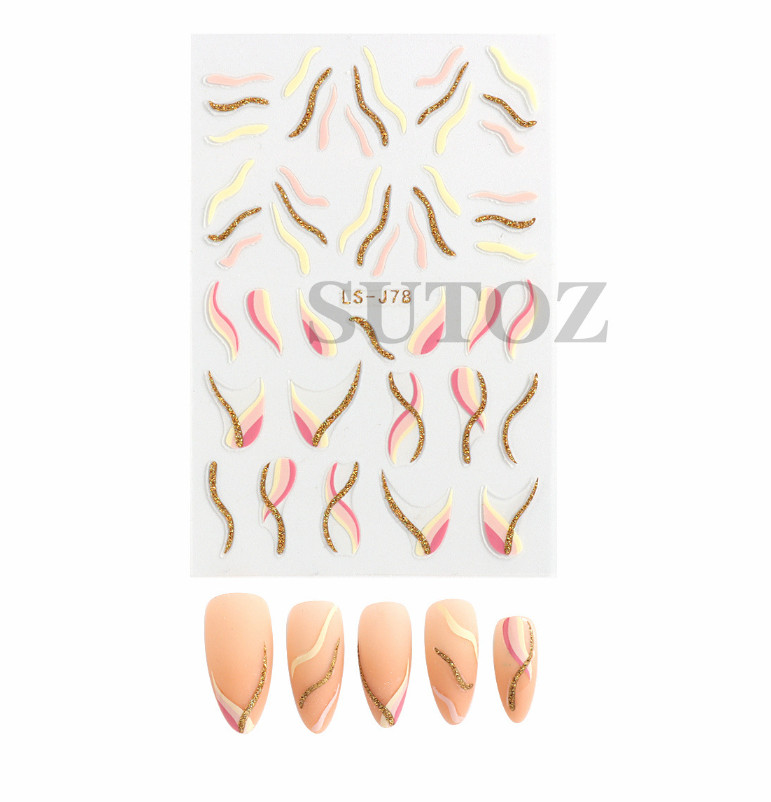 Golden Glitter French Lines Nail Stickers – Curve Wave Swirls, Pink Stripe NH22