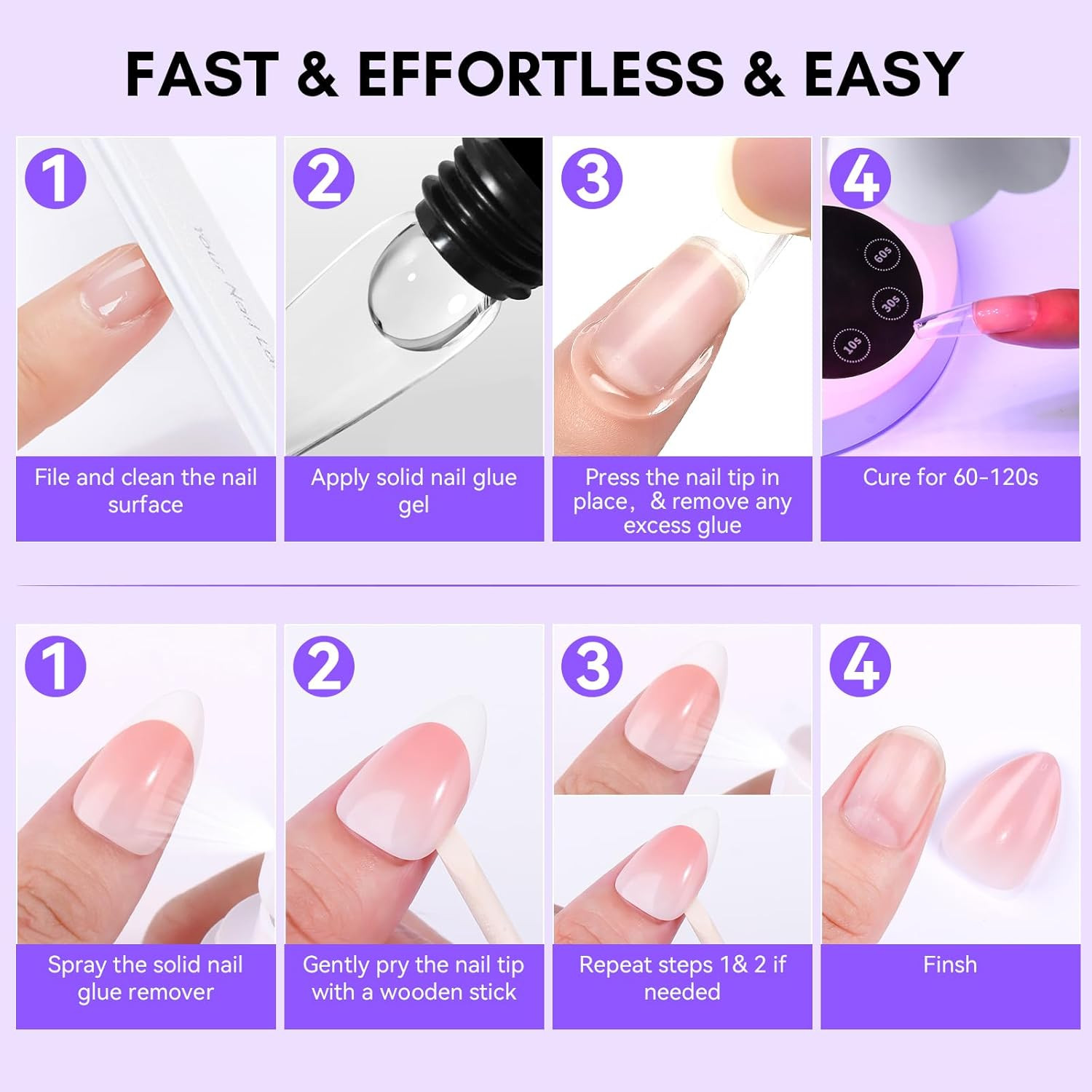 Nail Glue and Remover Kit: Super Strong Solid Gel for Press on Tips, 30Ml Glues