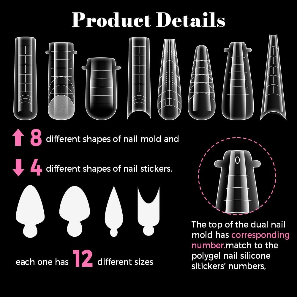 Nail Dual Forms for Poly Gel, 288PCS French Nail Forms, 8 Shapes, 12 Sizes Clear