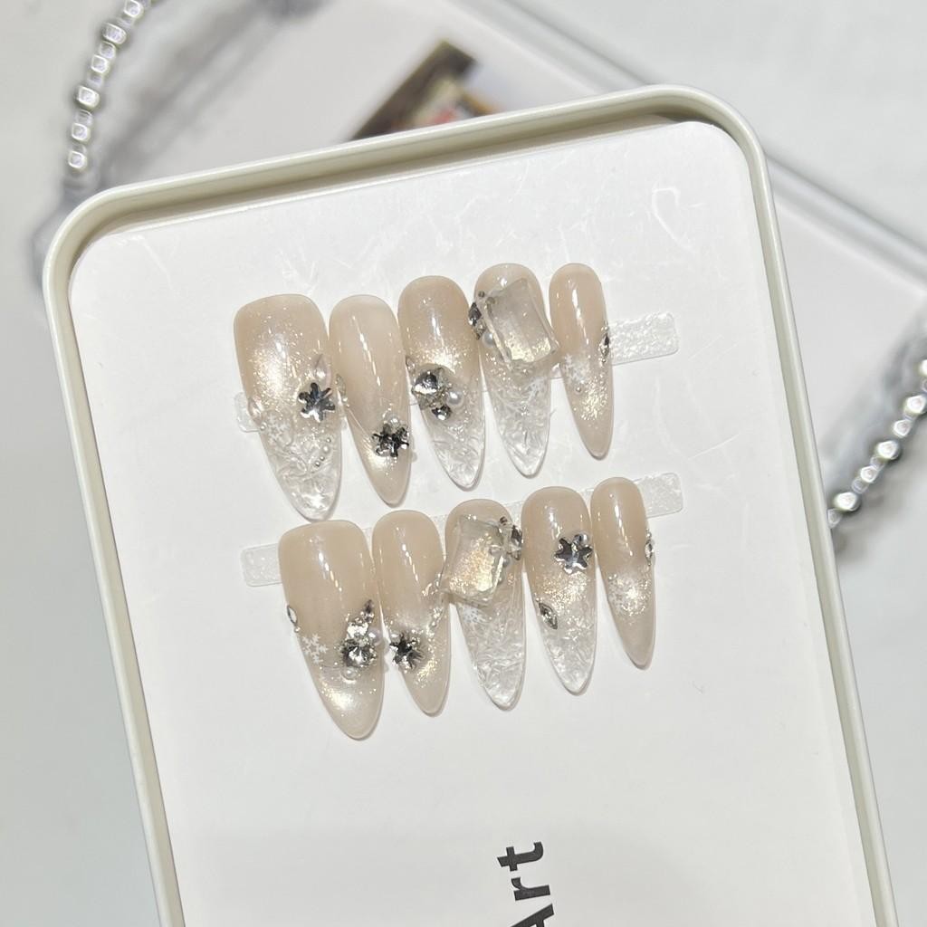 Handmade Fake Nail Nude Clear Through Cat Eye Snowflake Diamond Press On Nail