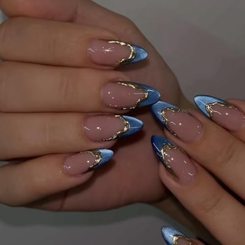 Blue French Press on Nails Almond Medium Cat Eyes Fake Nails with Gold style 13