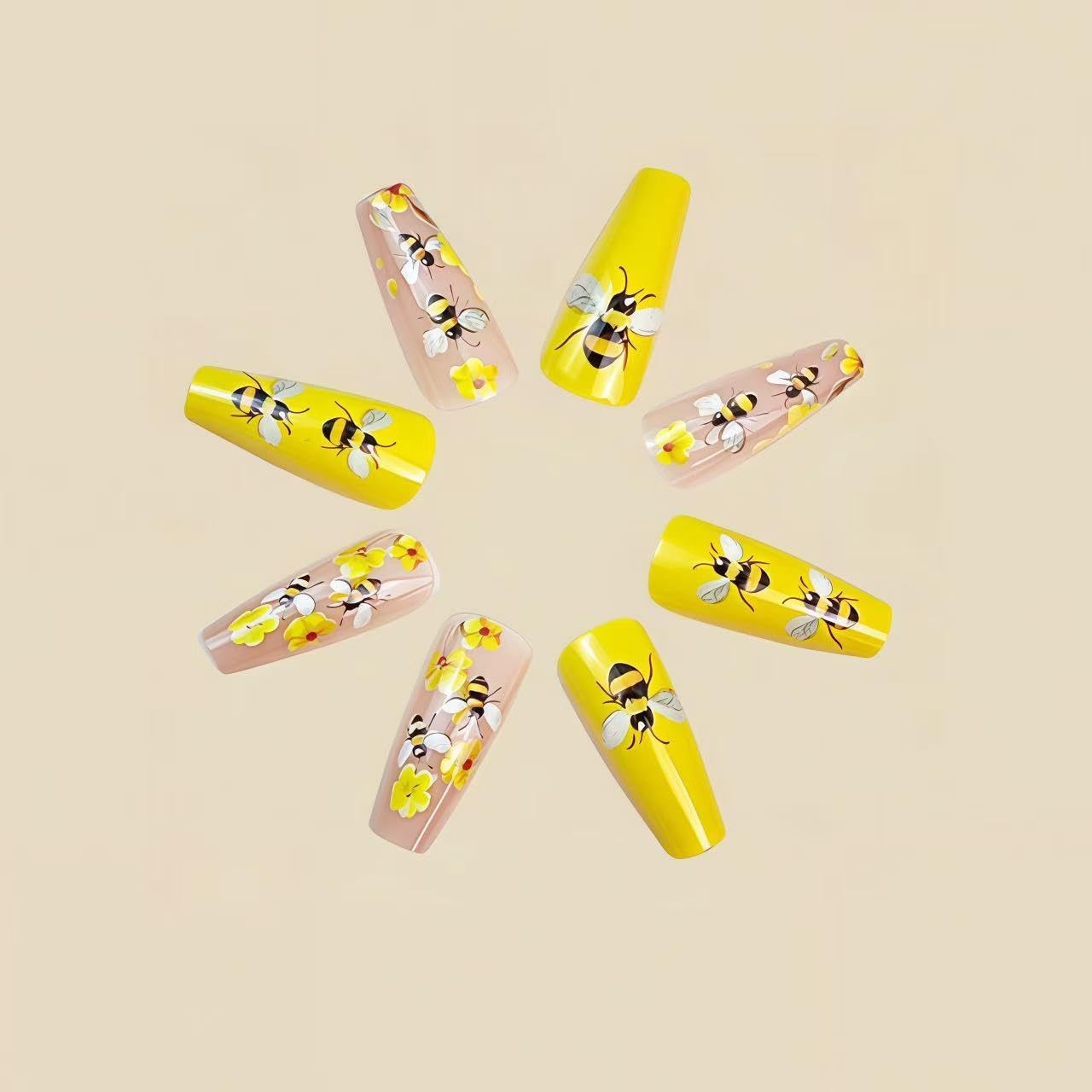 Spring Bee Press on Nails Medium Ballet Fake Nails Yellow Daisy False Nail De…