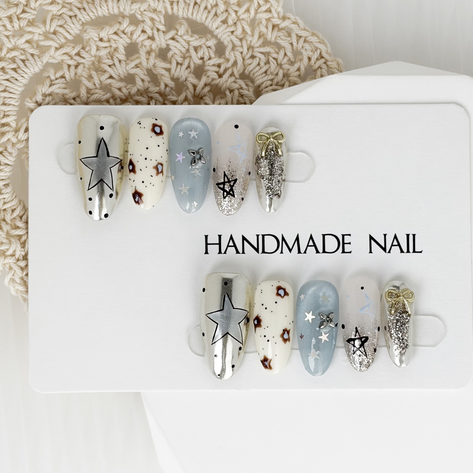 Galaxy Star Glitter Press-On Nails Mismatched Set Handmade Almond Nails Gift