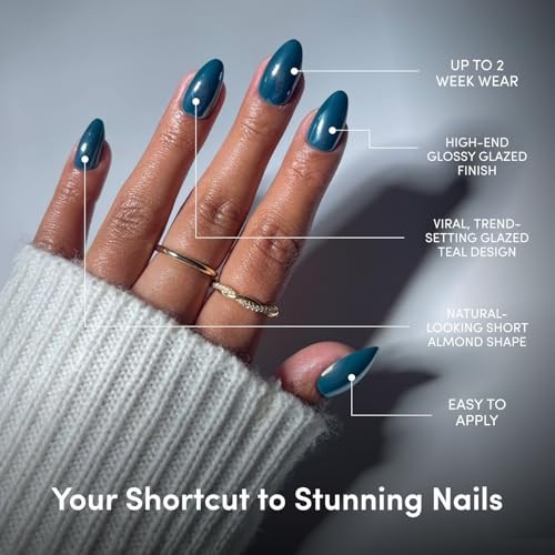 Press On Nails – Midnight Teal | Green Short Almond Fake Nails with