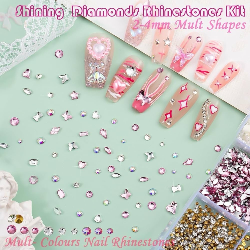 10000pcs Nail Charms And Gems, Pink Cute Bow Heart 3D Flower Charms