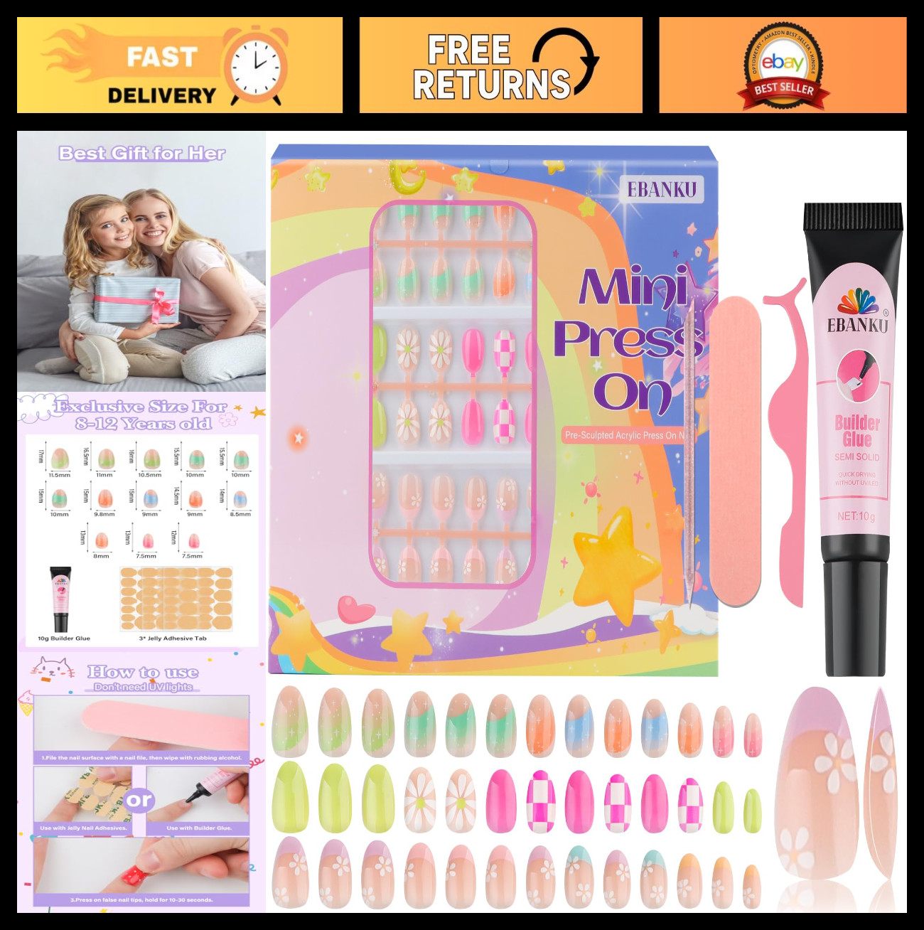 78 Pcs Colorful Flower Press-On Nails for Kids 8-12, Fake Nail Kit with Adhesive