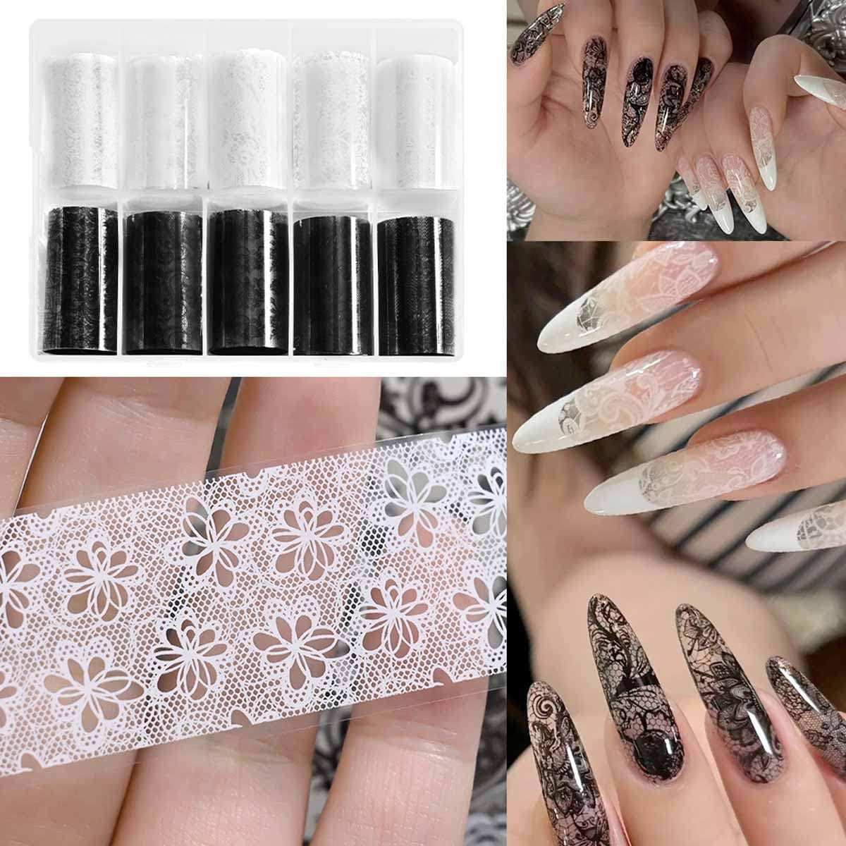 10 Rolls Lace Nail Foil Black White Transfer Stickers for Women | Floral Rose De