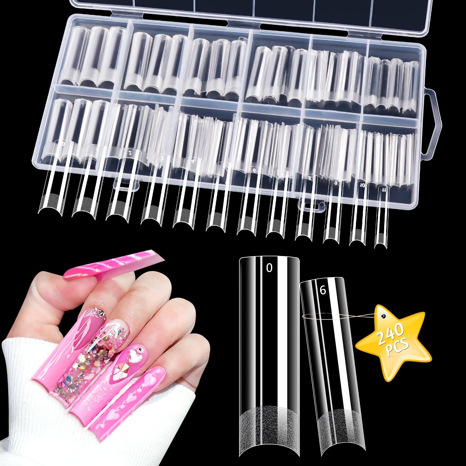 Lionvison Square Nail Tips NO C Curve, XL Clear 240 Piece Assortment,