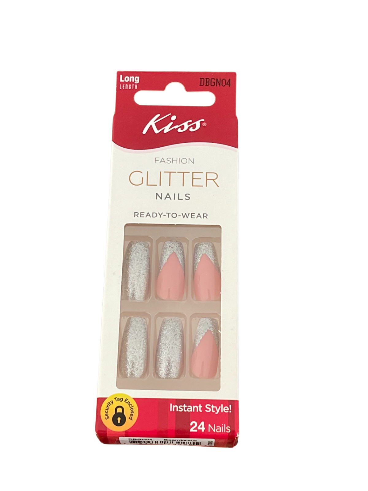 2 Pack Kiss Fashion Glitter Nails Long Coffin Pink French Silver Glitter DBGN04