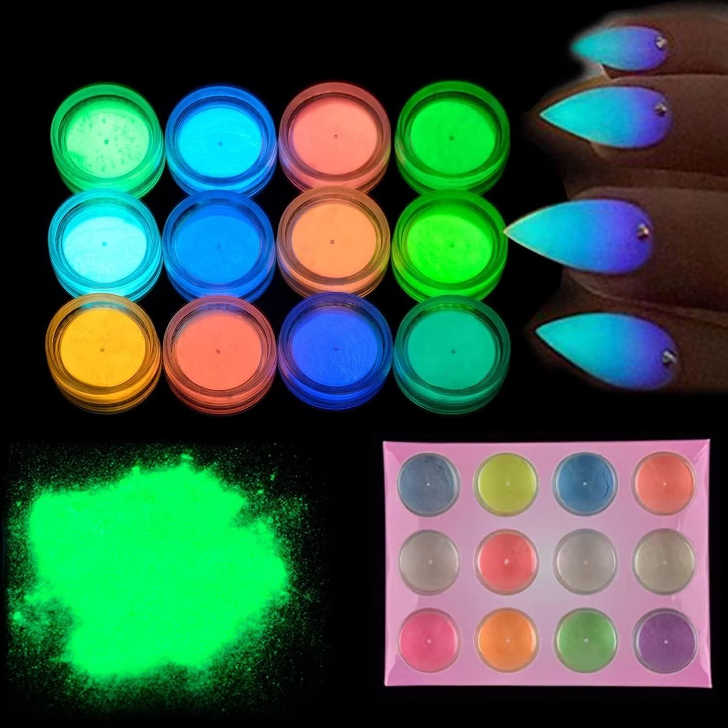 Professional Glow in the Dark Nail Glitter – 12 Color Pack for Creative Designs