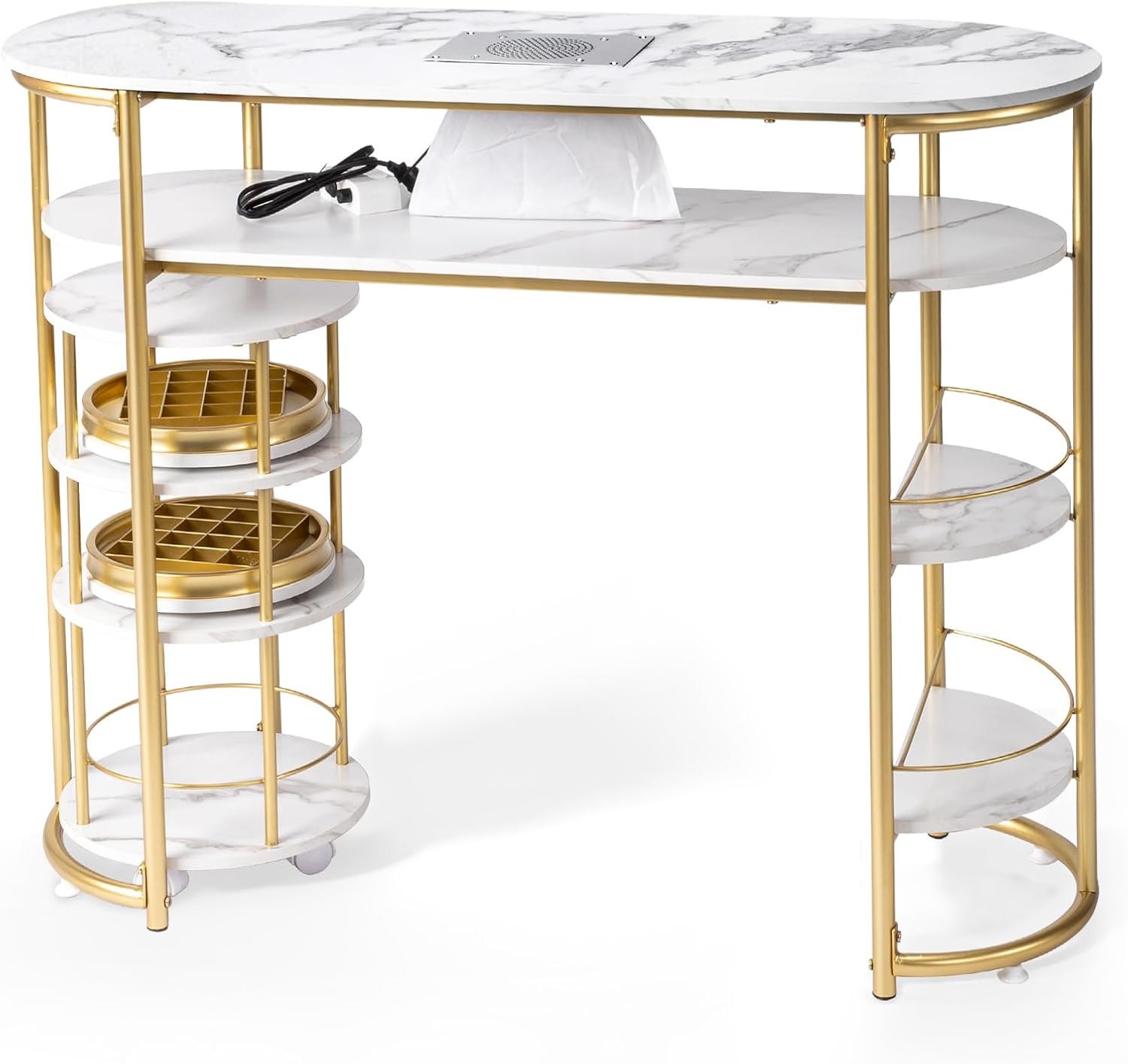 Manicure Table with Dust Collector & Trolley, White Marbling Modern Nail Station