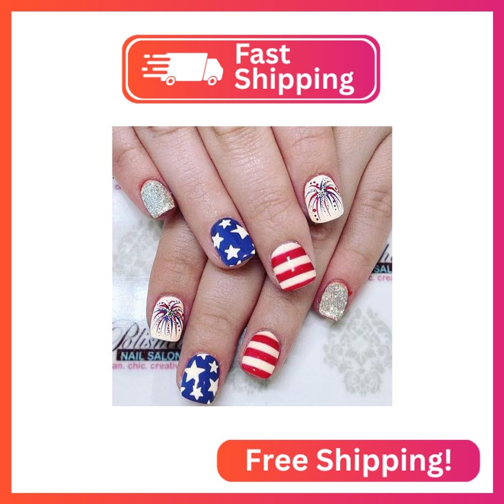 BMKKOT Patriotic Press on Nails Short Fake Nails Independence Day Stars Artifici