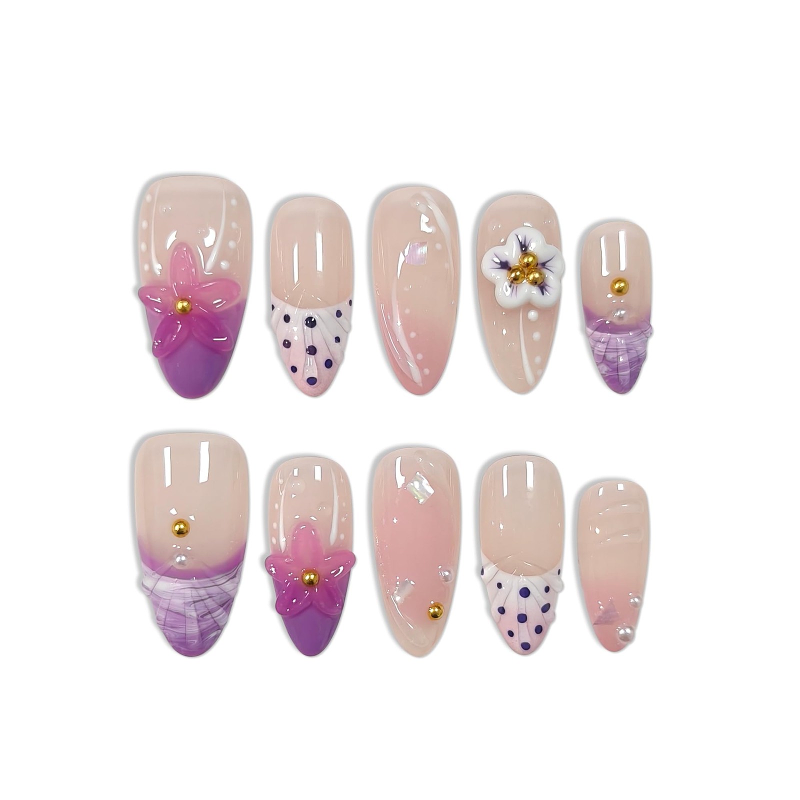 Medium Almond Press on Nails Lavender French Polka 3D Floral(S)