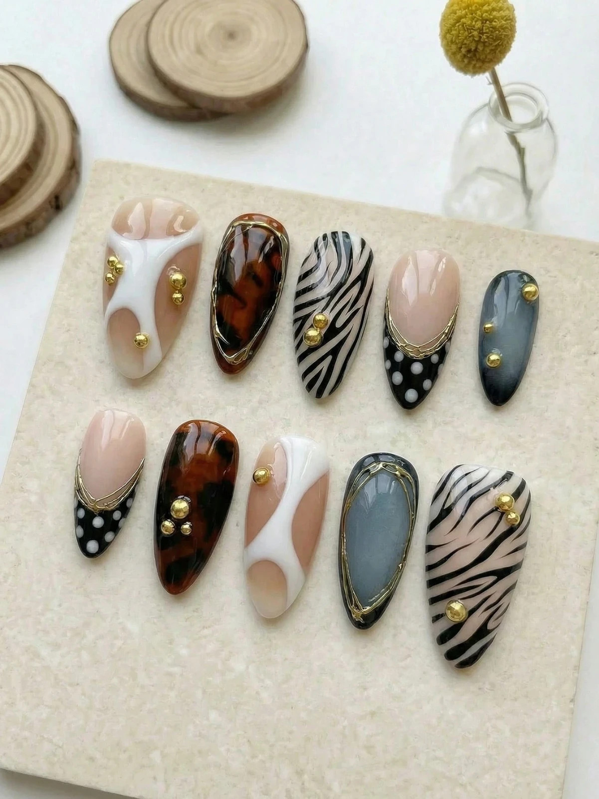 10PCS Handmade Almond Press On Nails Zebra Tortoise French Metal Charms Reusable