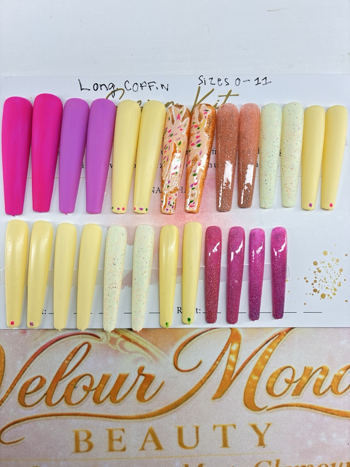 Long Coffin Press-On Nails Matte & Glossy Pink, Yellow & Glitter Sizes 0–11 Set