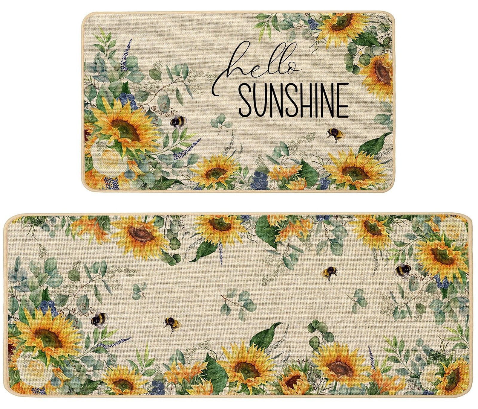 Baccessor Summer Kitchen Mats Set of 2, Sunflower Floral Bee Kitchen Rugs for…