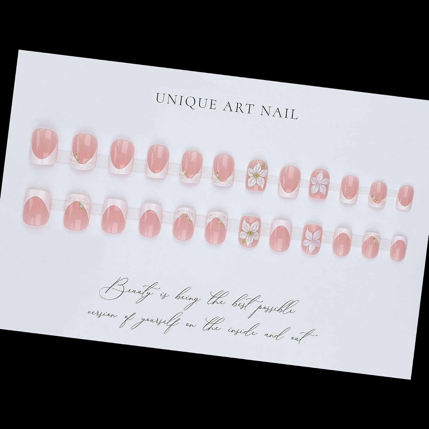 Short Press on Nails Square – White French Tip Fake Nails with Flower Design …