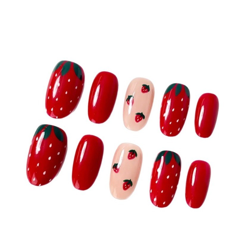 48 Cute Red and White Strawberry Nail Clippers Reusable Dotted Fake Nails
