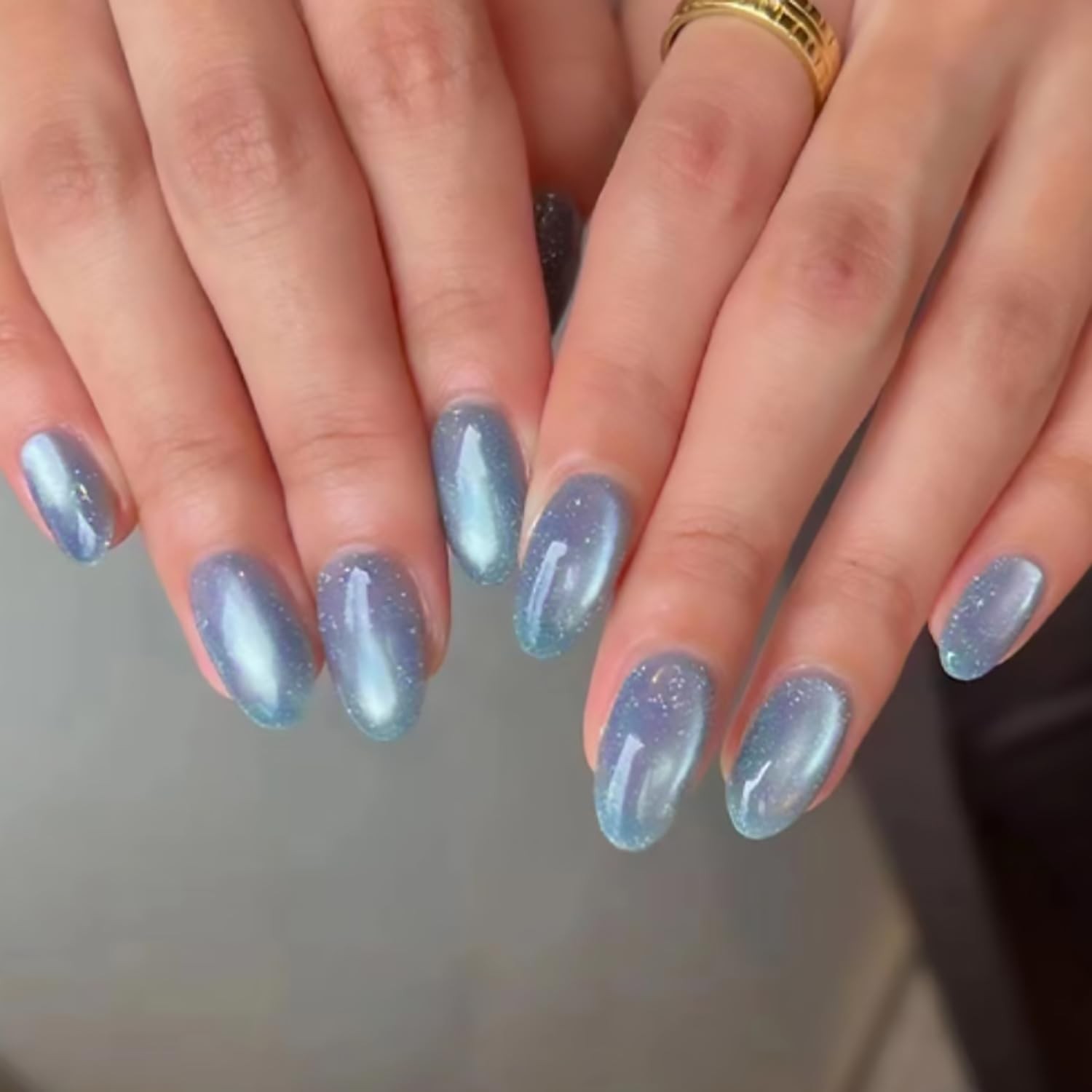Tyuimhx Blue Cat Eye Press on Nails Medium Oval Fake Nails Glitter False Nail…