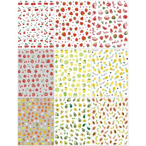 9 Sheets Fruit Nail Art Stickers – Colorful Red Yellow Orange Fruit Collection