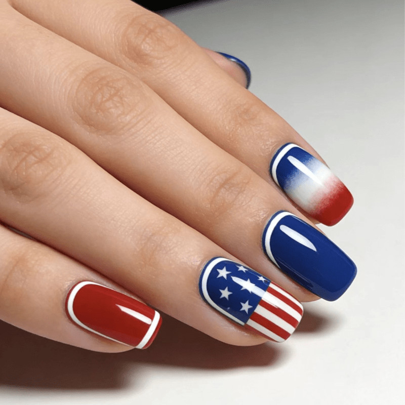 48 Pcs American Flag Press on Nails, Short Square Star Stripe Holiday Fake Nails