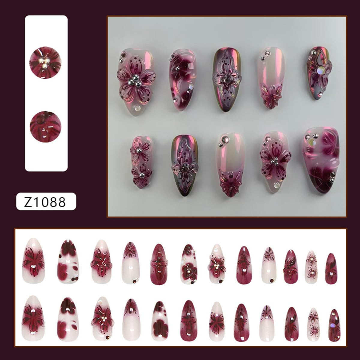 24Pcs Purple Flower Press on Nails Almond Medium Fake Nails 3D Flower False Nail