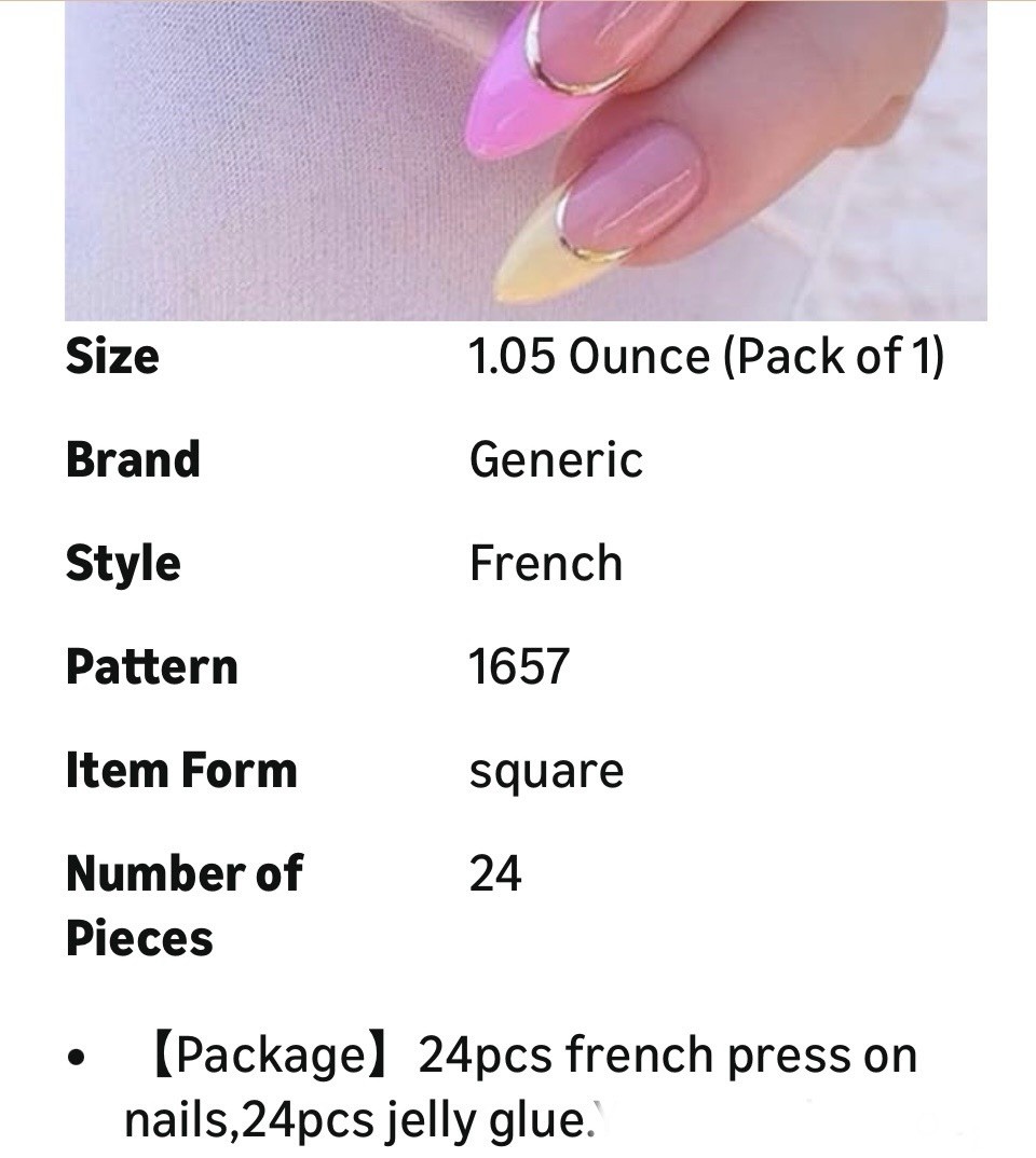 24 Press-On Nail Kit | French Tips In Pink, Yellow, Blue, Orange & Gold | New